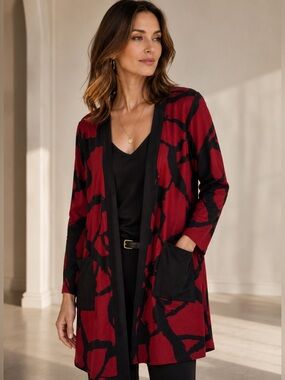 CHALET ET CECI CAYENNE RED BLACK LONG SLEEVED OPEN JACKET CARDIGAN SZ M